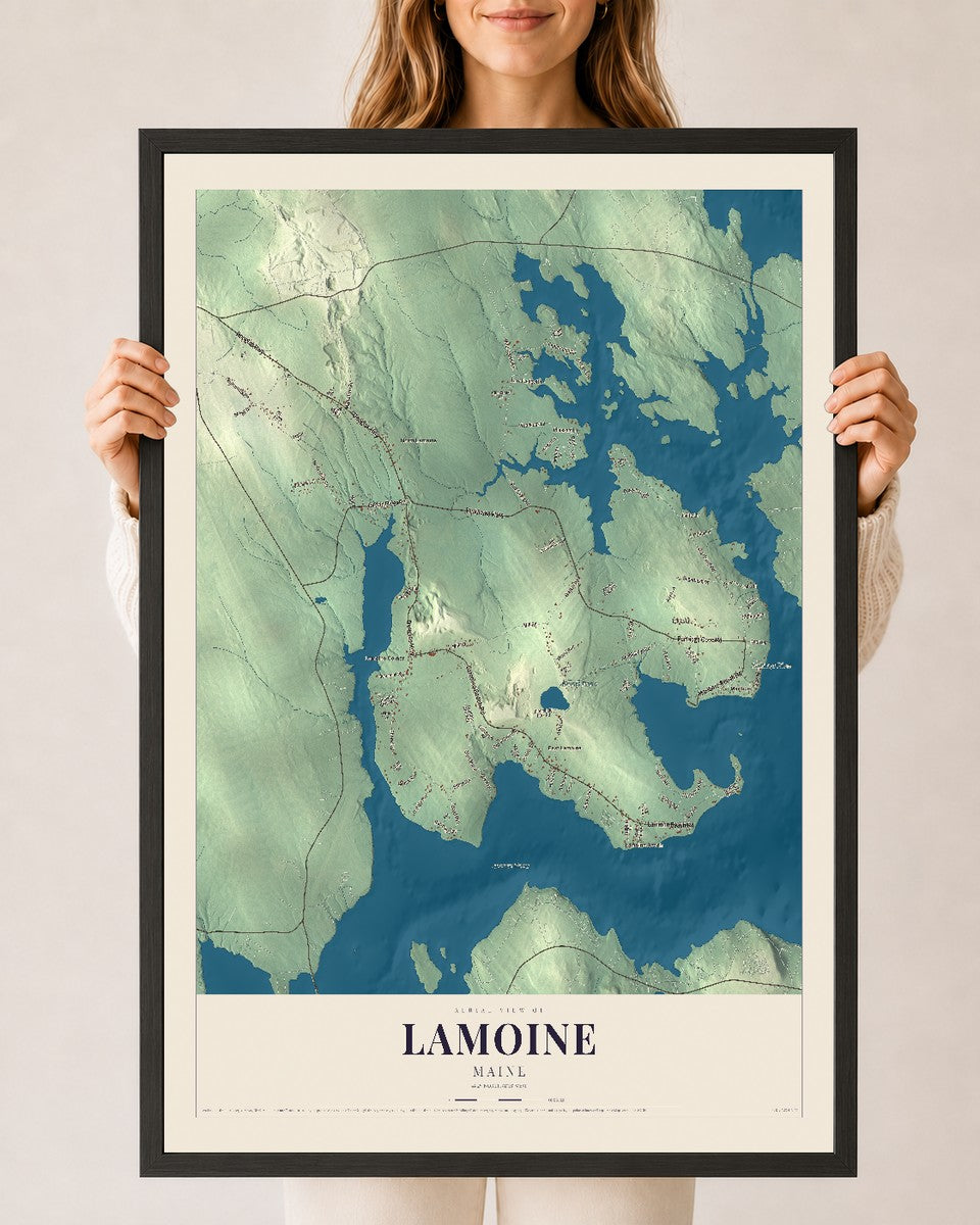 Lamoine, Maine map print - 24 x 36 black Ayous wood frame