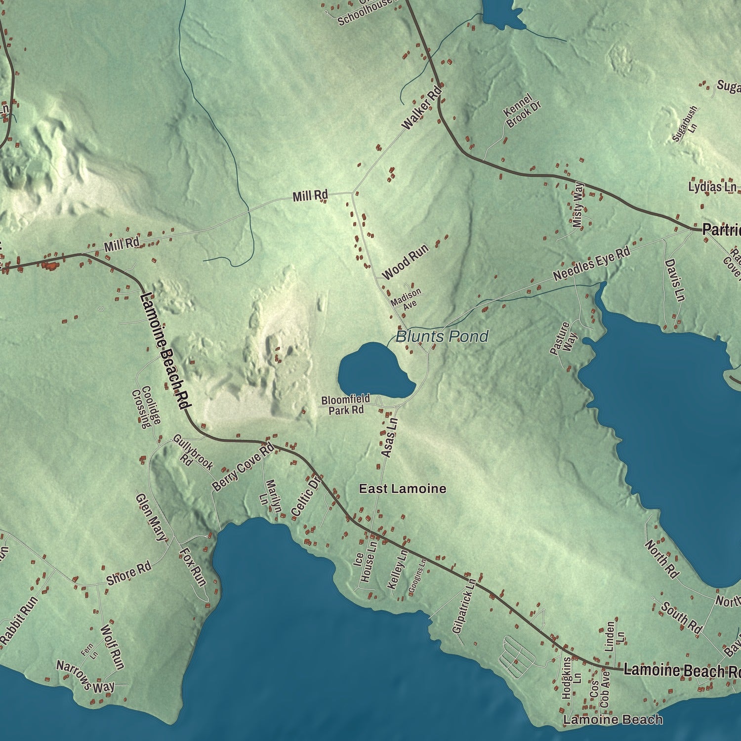 Terrain and local geography detail from the Lamoine, Maine map