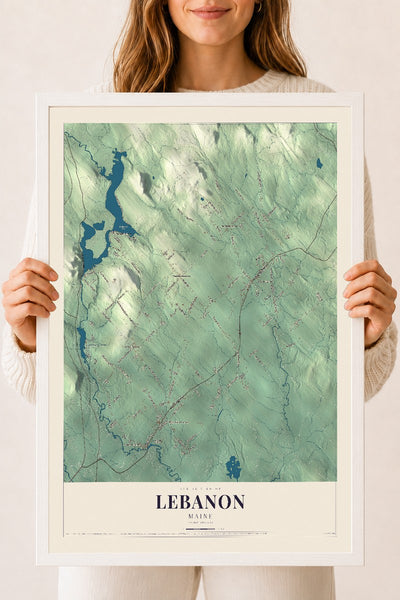 Lebanon, Maine map print - 18 x 24 white Ayous wood frame