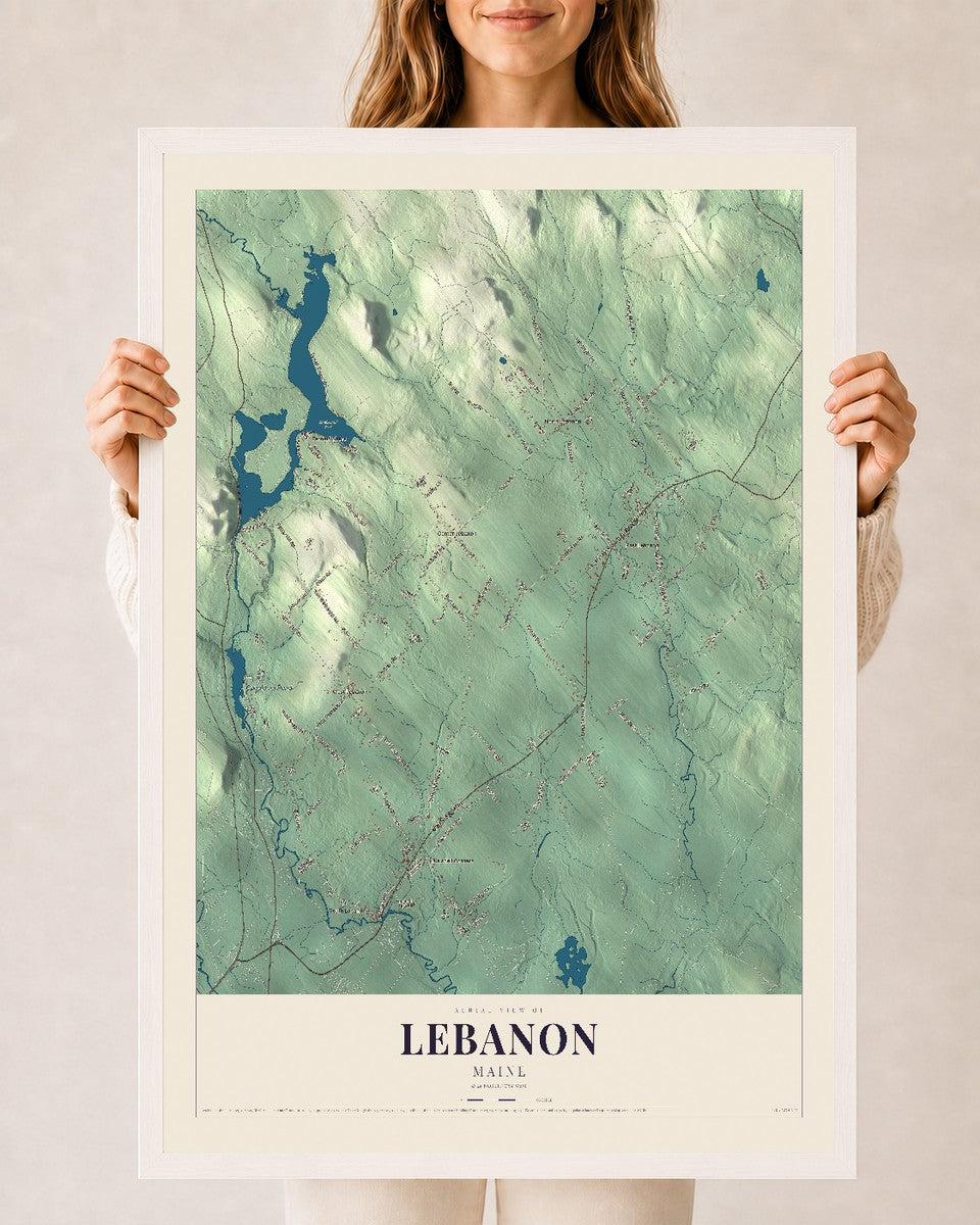 Lebanon, Maine map print - 24 x 36 white Ayous wood frame