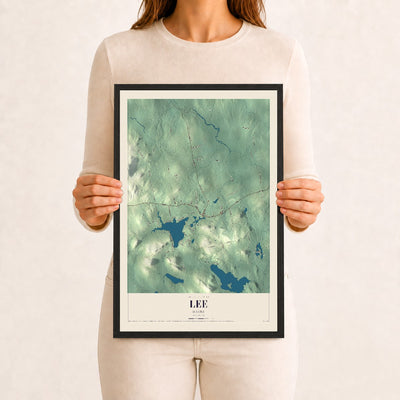 Lee, Maine map print - 12 x 18 black Ayous wood frame
