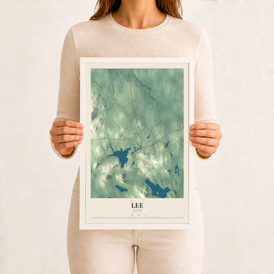 Lee, Maine map print - 12 x 18 white Ayous wood frame