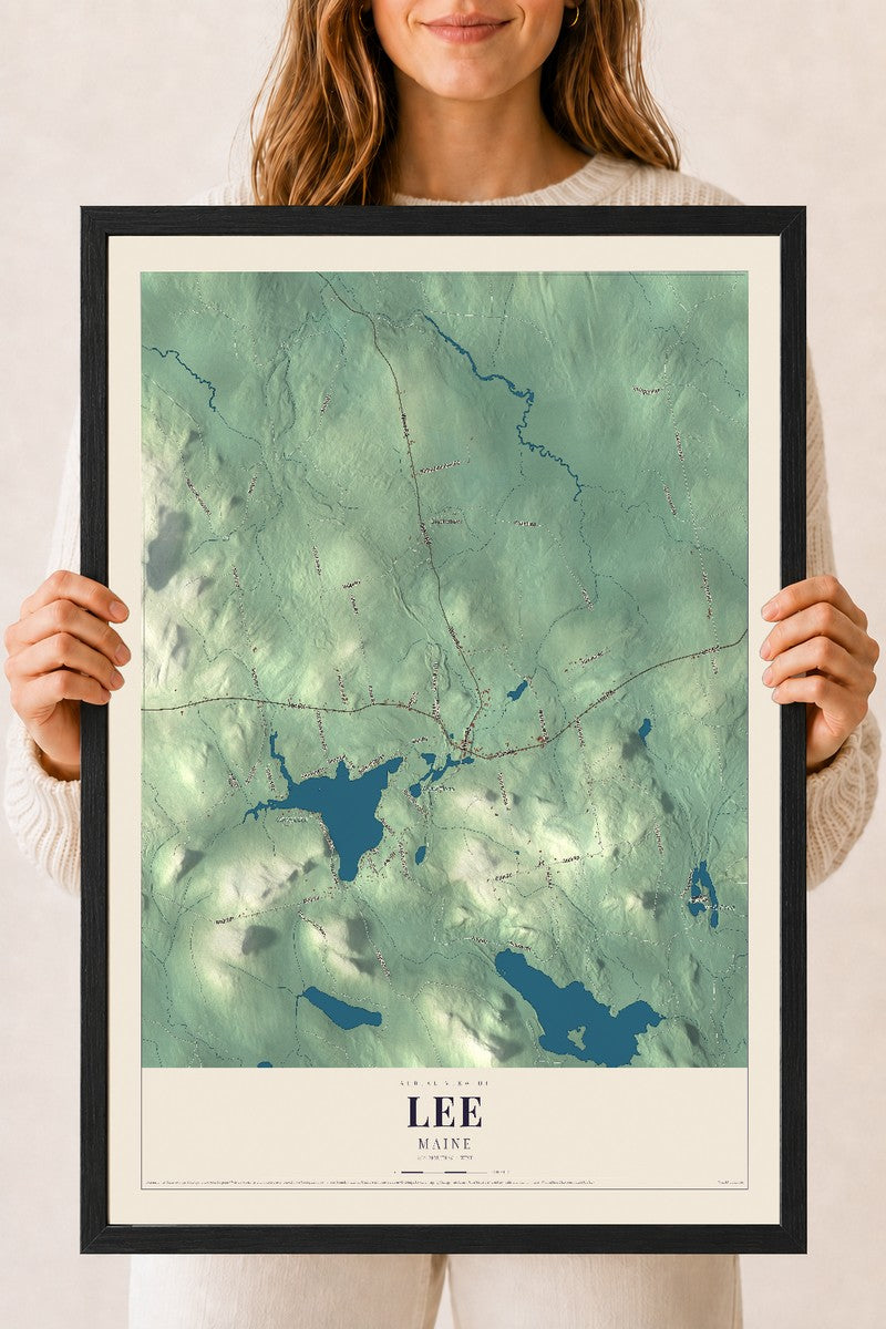 Lee, Maine map print - 18 x 24 black Ayous wood frame