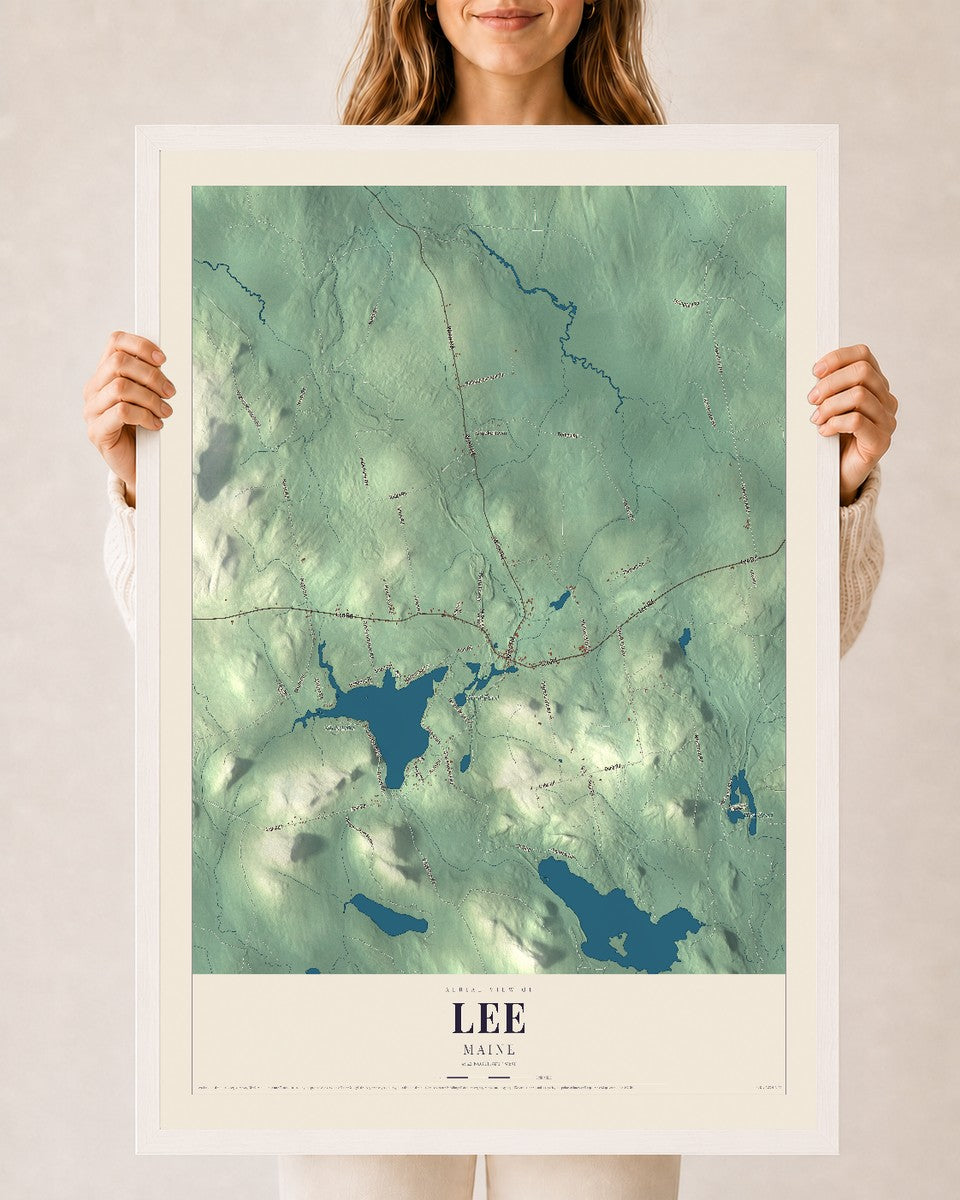 Lee, Maine map print - 24 x 36 white Ayous wood frame
