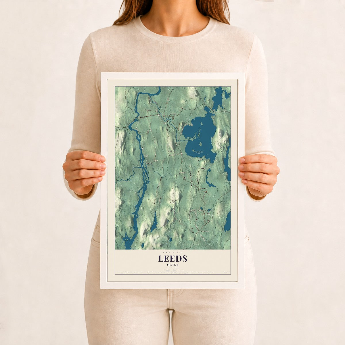 Leeds, Maine map print - 12 x 18 white Ayous wood frame