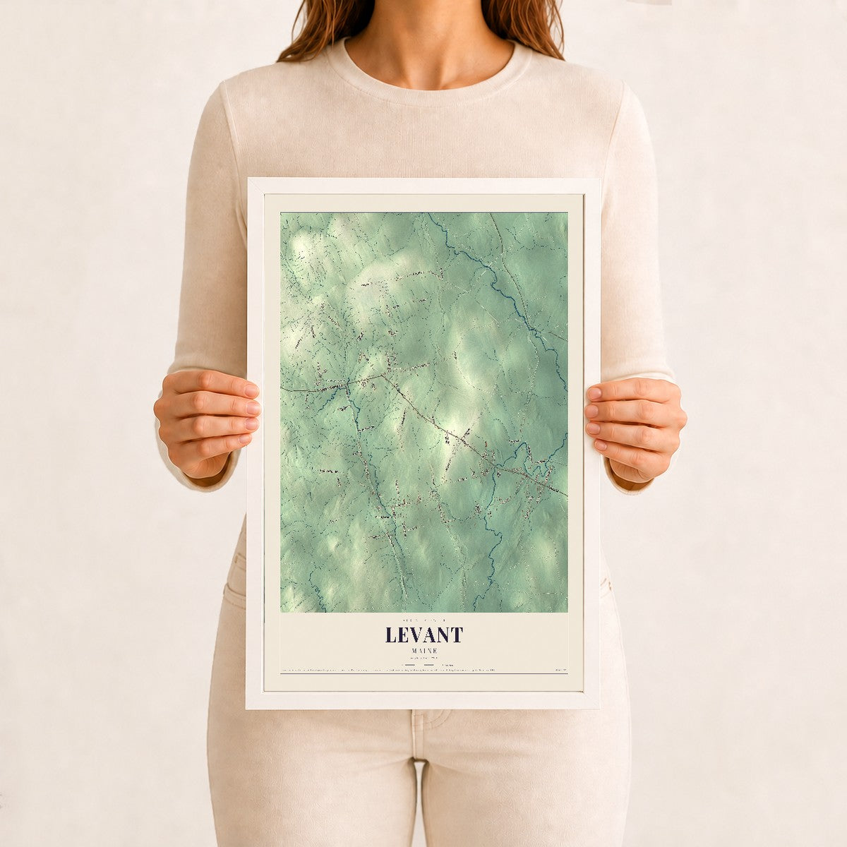 Levant, Maine map print - 12 x 18 white Ayous wood frame