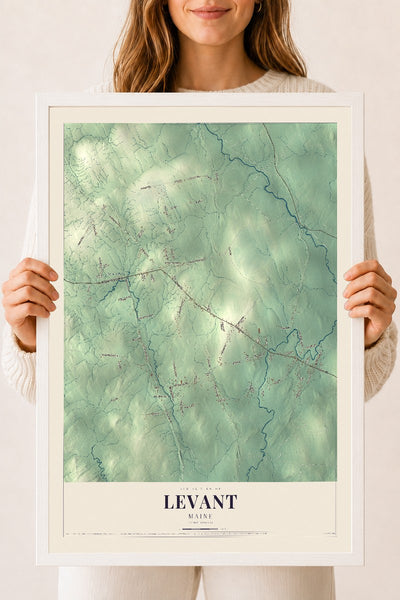 Levant, Maine map print - 18 x 24 white Ayous wood frame