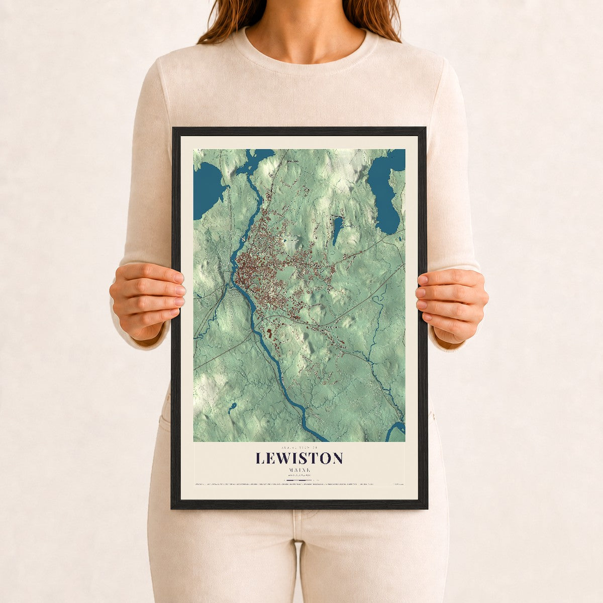 Lewiston, Maine map print - 12 x 18 black Ayous wood frame