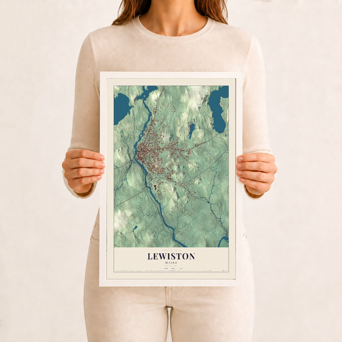 Lewiston, Maine map print - 12 x 18 white Ayous wood frame