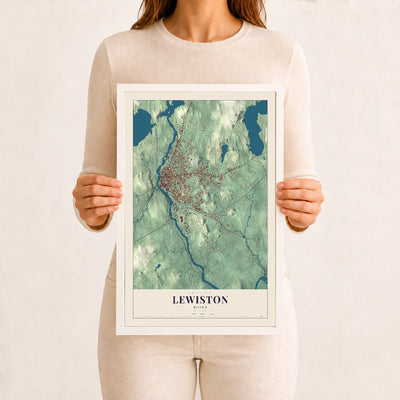 Lewiston, Maine map print - 12 x 18 white Ayous wood frame