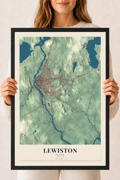 Lewiston, Maine map print - 18 x 24 black Ayous wood frame