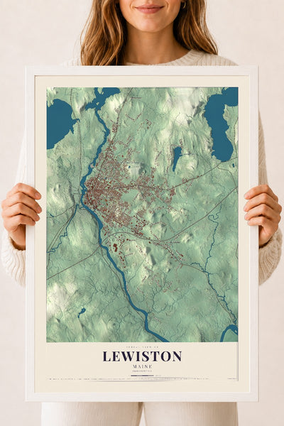 Lewiston, Maine map print - 18 x 24 white Ayous wood frame