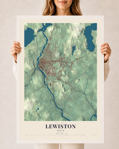 Lewiston, Maine map print - 24 x 36 white Ayous wood frame