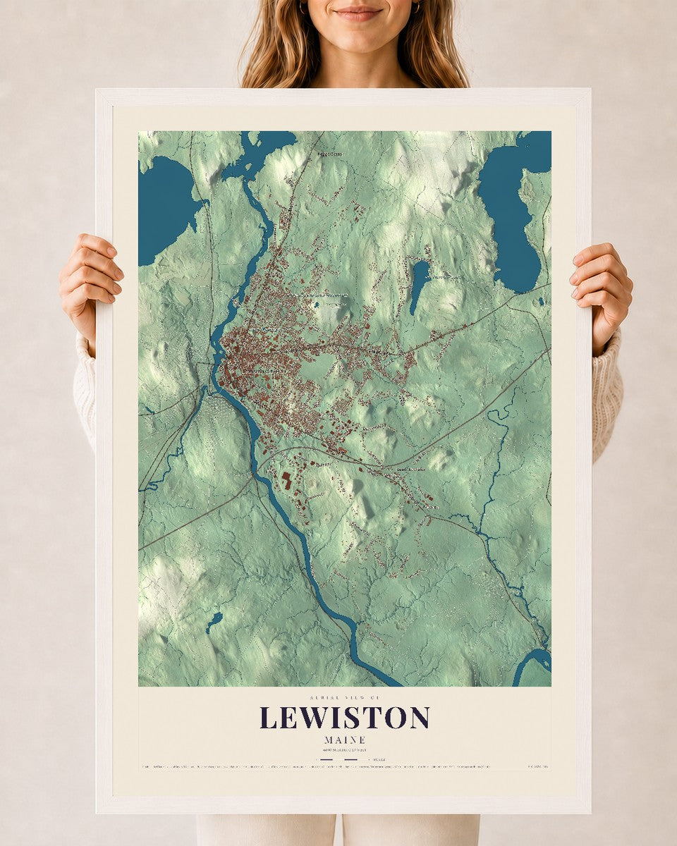 Lewiston, Maine map print - 24 x 36 white Ayous wood frame