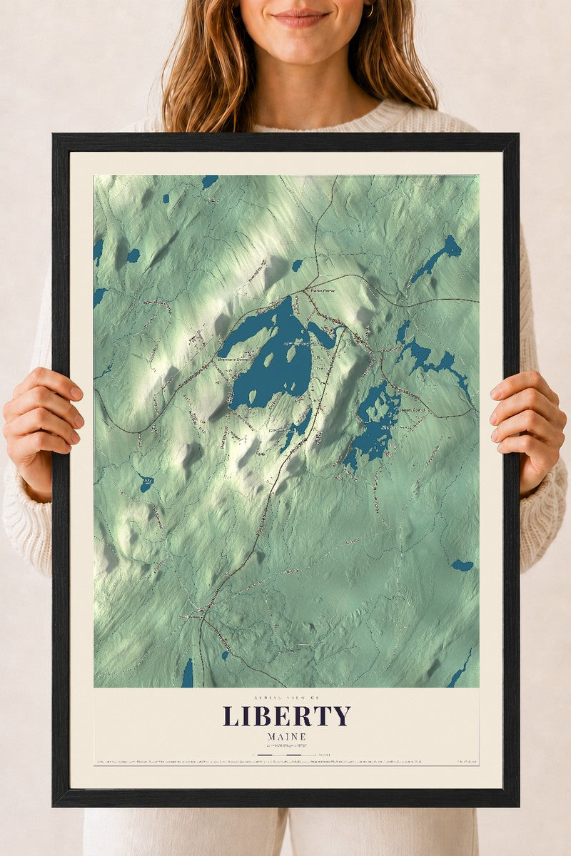 Liberty, Maine map print - 18 x 24 black Ayous wood frame