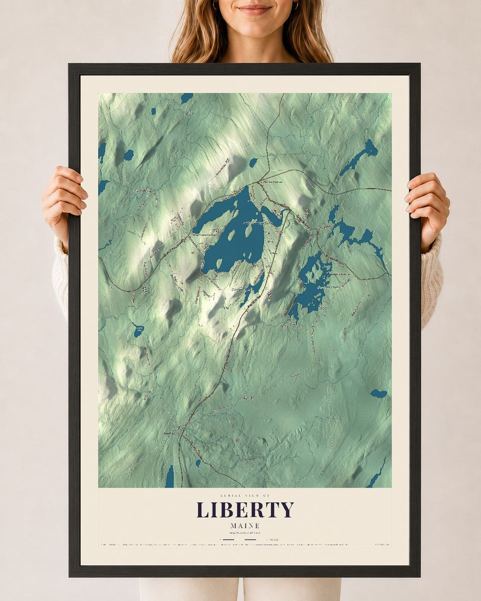 Liberty, Maine map print - 24 x 36 black Ayous wood frame