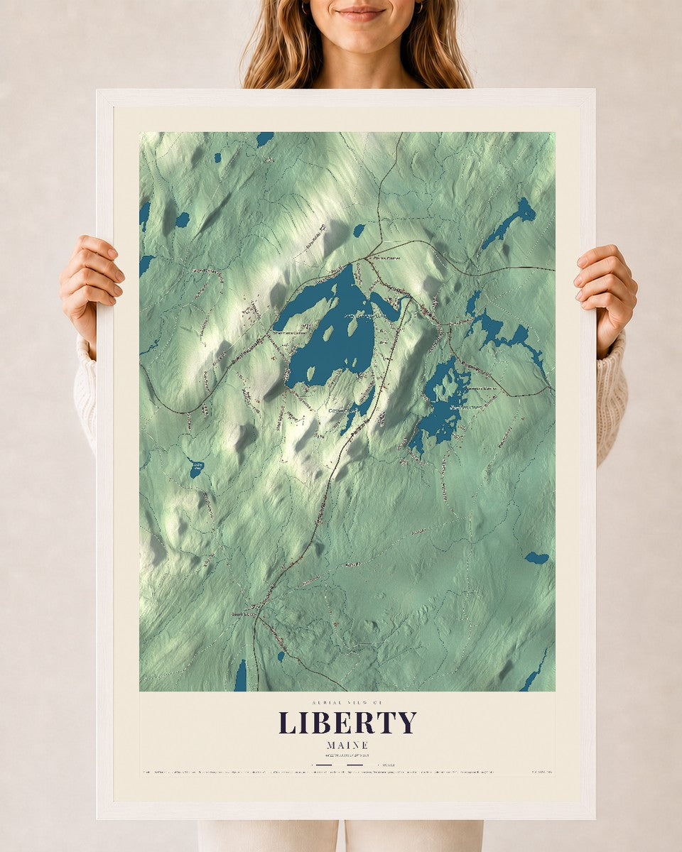 Liberty, Maine map print - 24 x 36 white Ayous wood frame