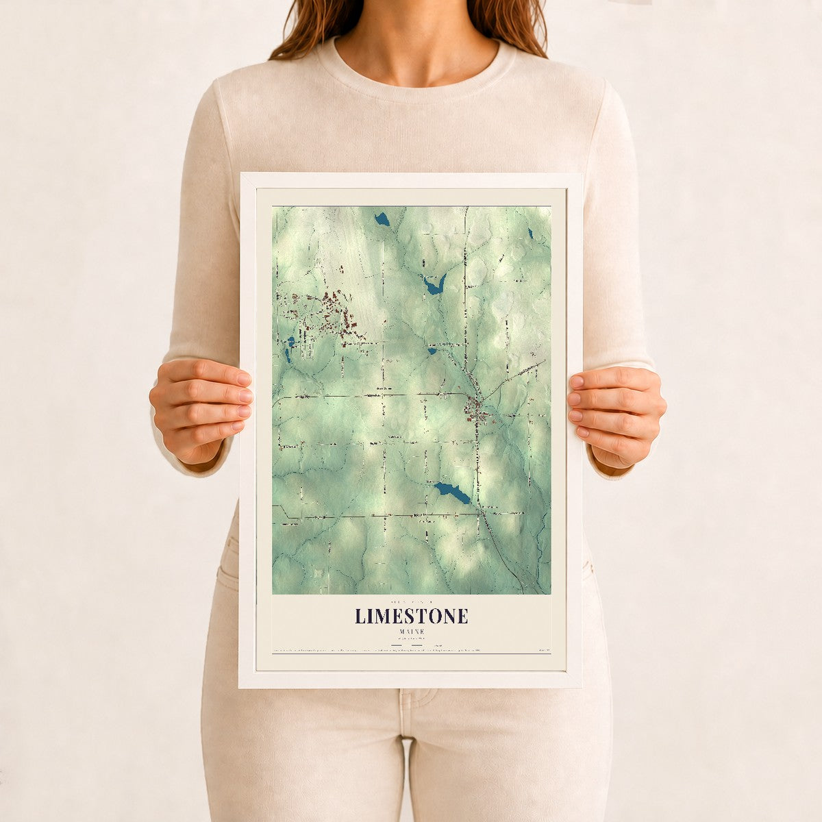 Limestone, Maine map print - 12 x 18 white Ayous wood frame