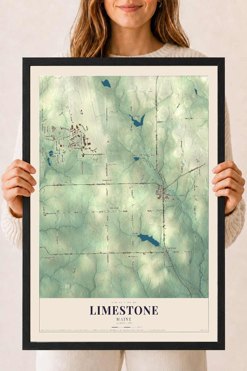 Limestone, Maine map print - 18 x 24 black Ayous wood frame