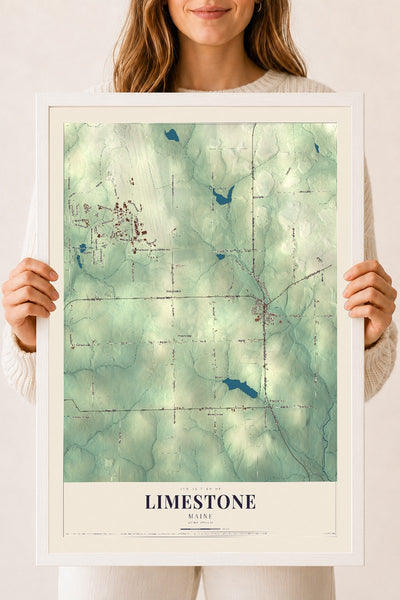 Limestone, Maine map print - 18 x 24 white Ayous wood frame
