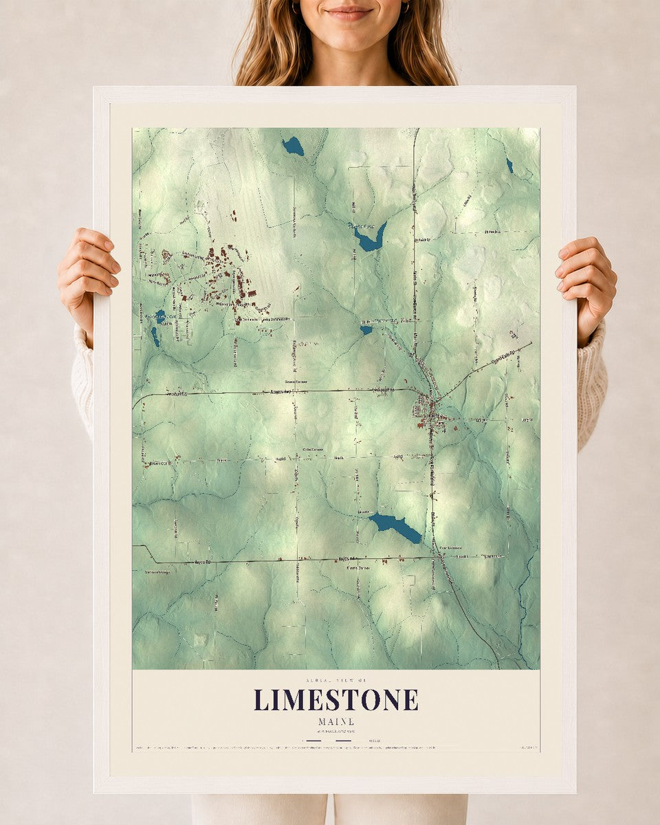 Limestone, Maine map print - 24 x 36 white Ayous wood frame