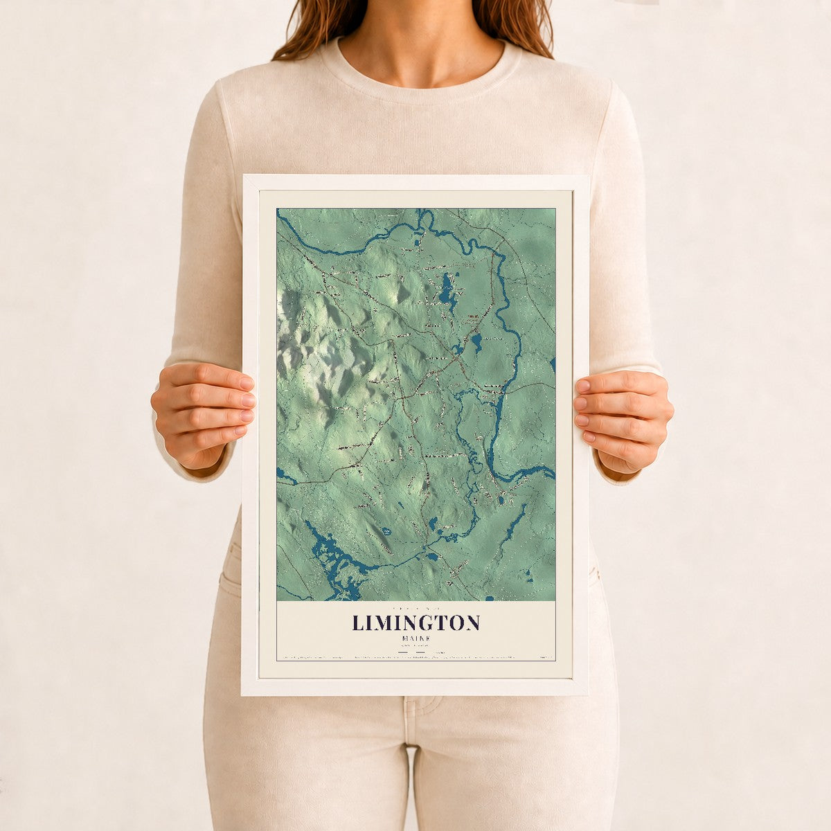 Limington, Maine map print - 12 x 18 white Ayous wood frame