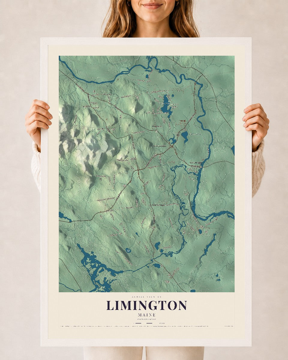 Limington, Maine map print - 24 x 36 white Ayous wood frame