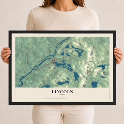 Lincoln, Maine map print - 12 x 18 black Ayous wood frame