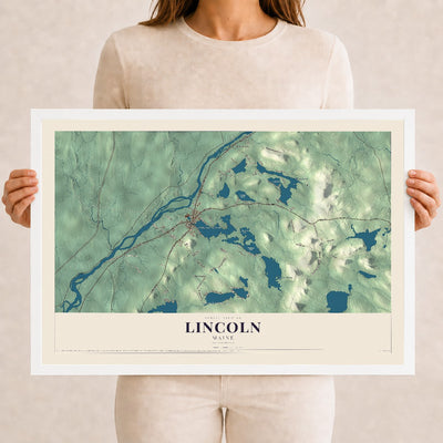 Lincoln, Maine map print - 12 x 18 white Ayous wood frame
