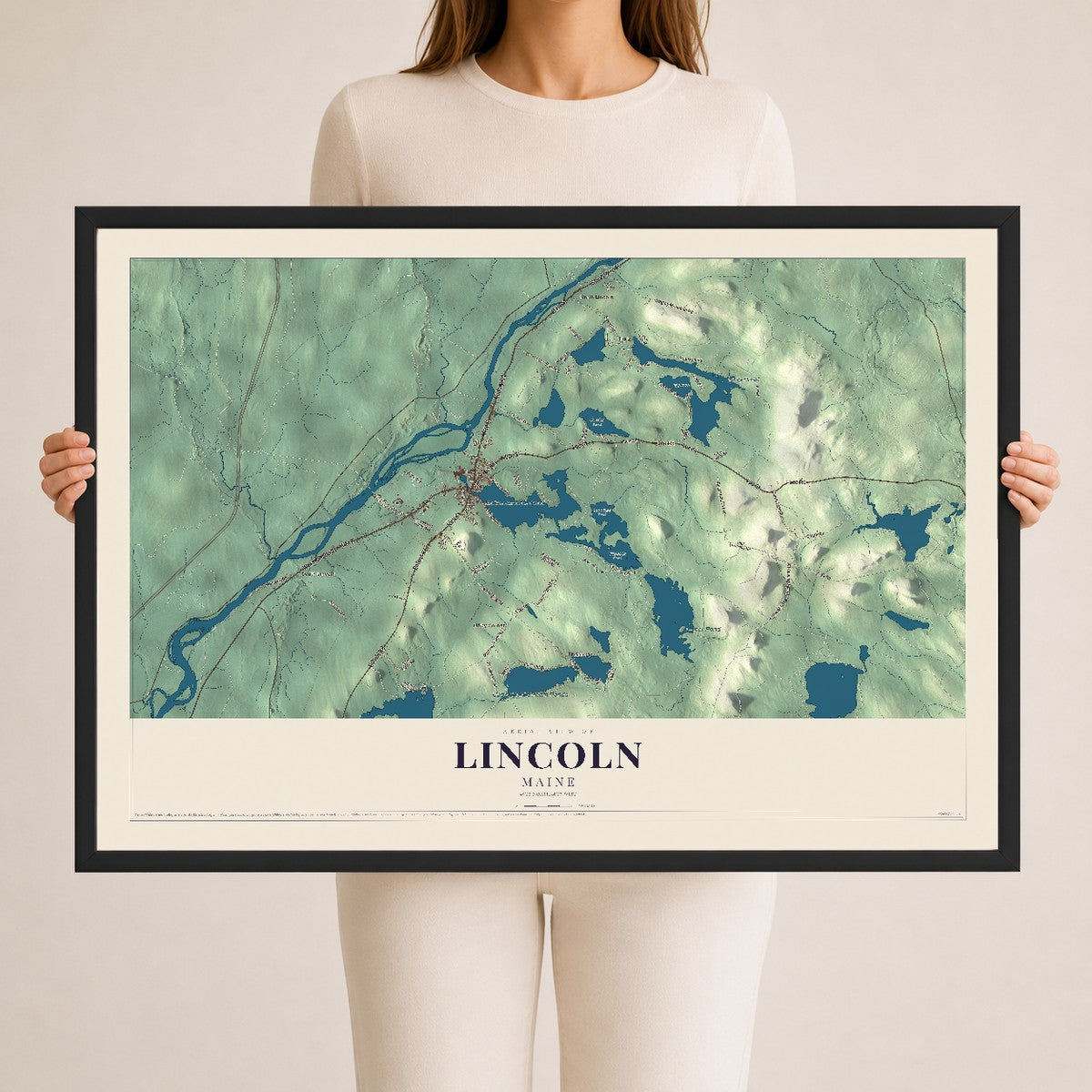Lincoln, Maine map print - 24 x 36 black Ayous wood frame