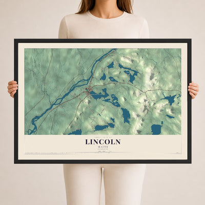 Lincoln, Maine map print - 24 x 36 black Ayous wood frame