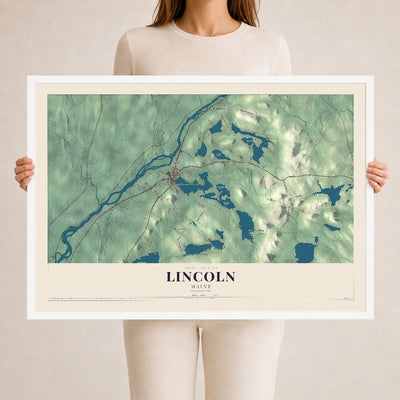 Lincoln, Maine map print - 24 x 36 white Ayous wood frame