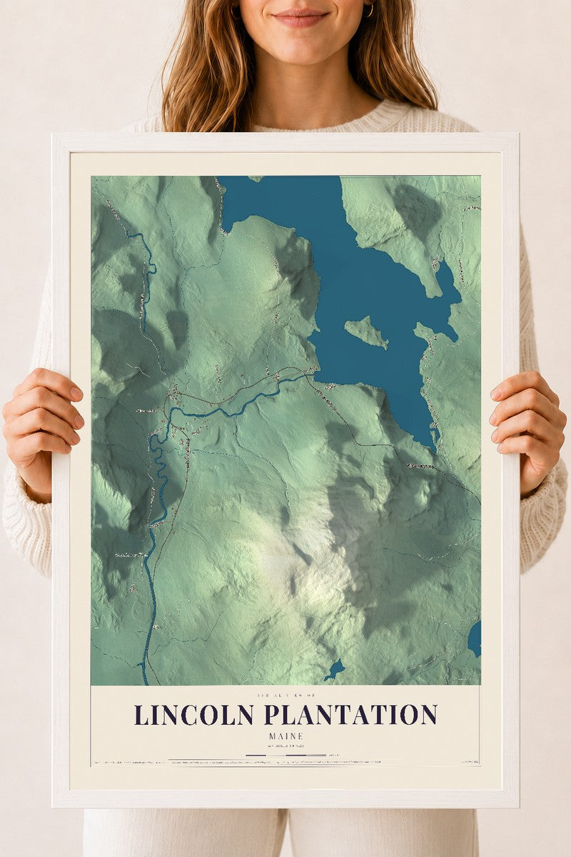 Lincoln Plantation, Maine map print - 18 x 24 white Ayous wood frame