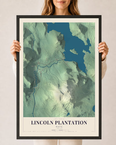 Lincoln Plantation, Maine map print - 24 x 36 black Ayous wood frame