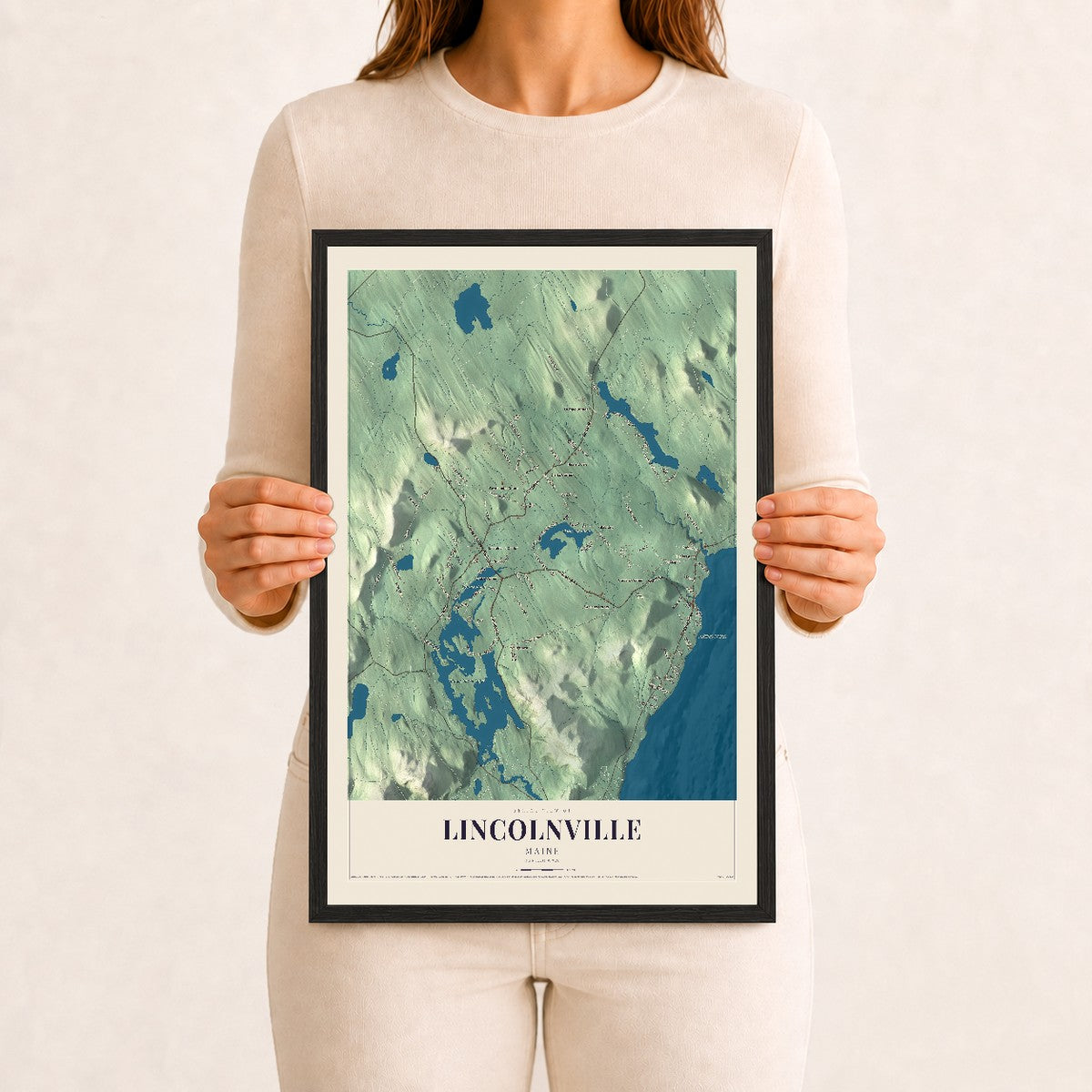 Lincolnville, Maine map print - 12 x 18 black Ayous wood frame