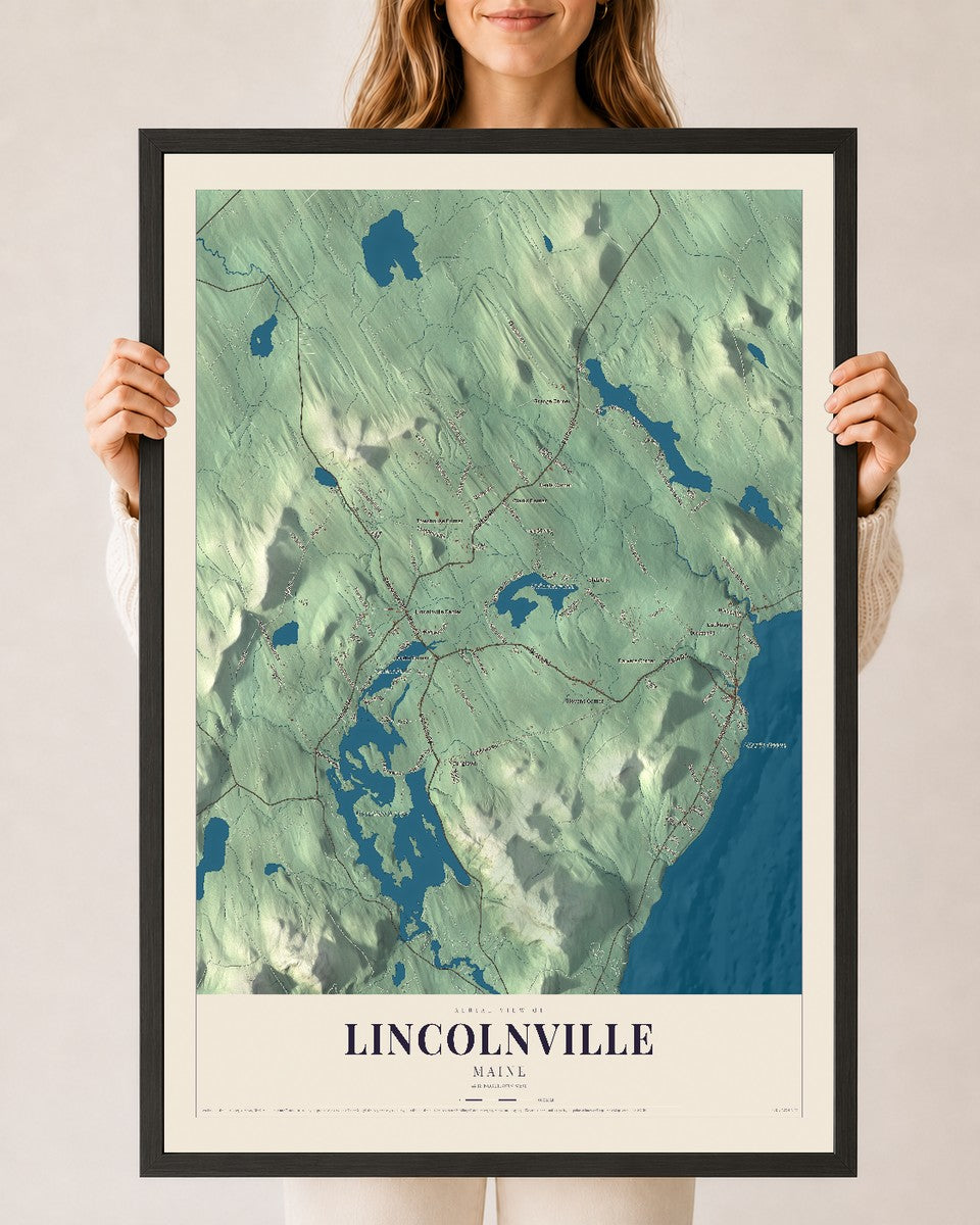 Lincolnville, Maine map print - 24 x 36 black Ayous wood frame