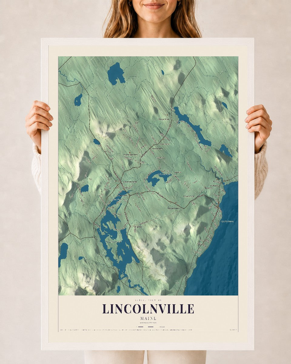 Lincolnville, Maine map print - 24 x 36 white Ayous wood frame