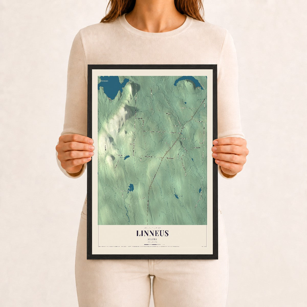 Linneus, Maine map print - 12 x 18 black Ayous wood frame