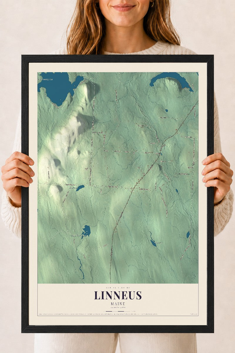 Linneus, Maine map print - 18 x 24 black Ayous wood frame