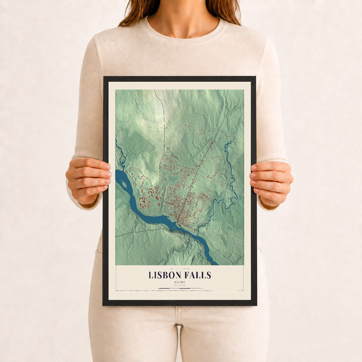 Lisbon Falls, Maine map print - 12 x 18 black Ayous wood frame