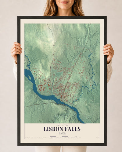 Lisbon Falls, Maine map print - 24 x 36 black Ayous wood frame