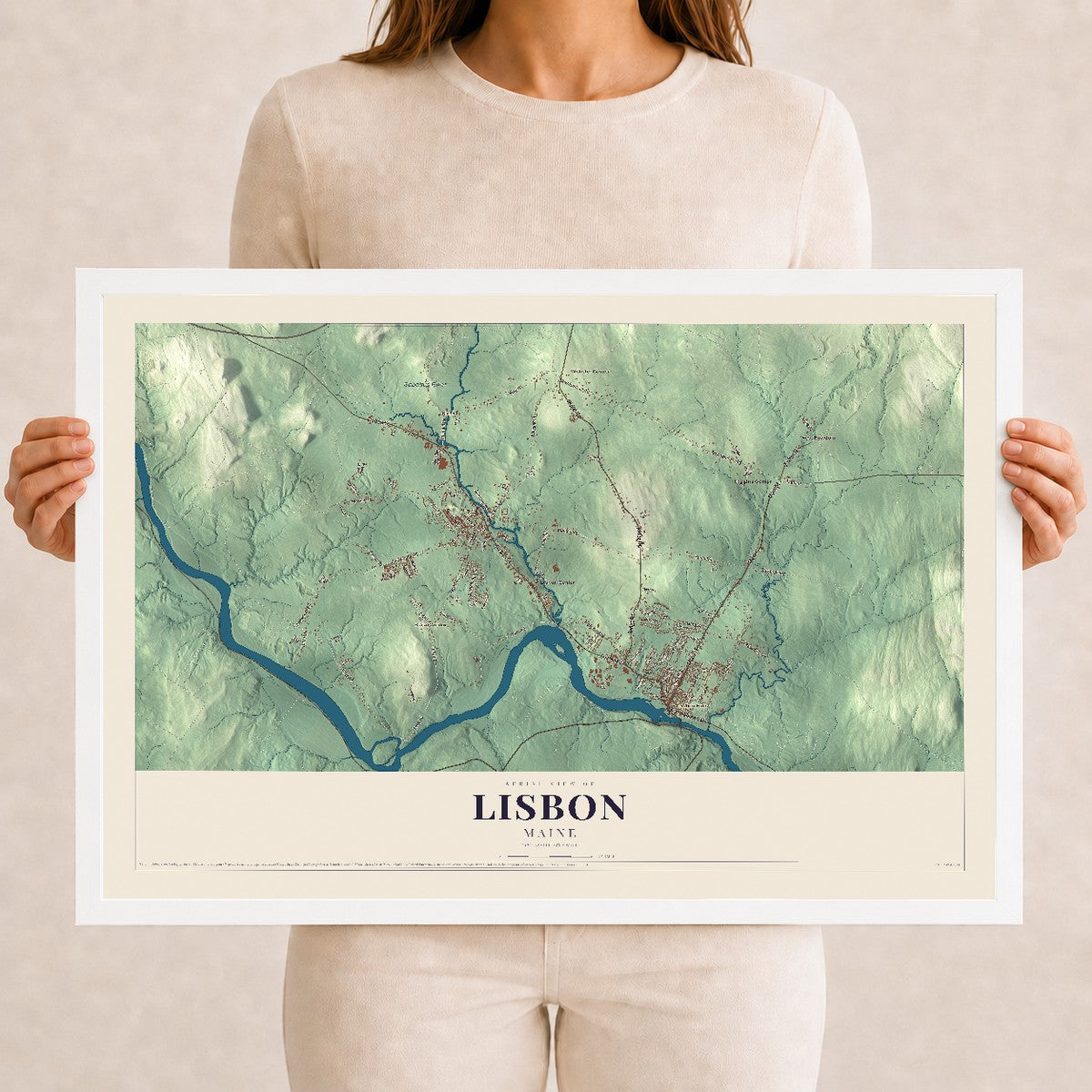 Lisbon, Maine map print - 12 x 18 white Ayous wood frame
