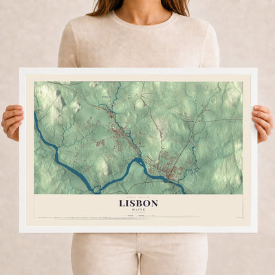 Lisbon, Maine map print - 12 x 18 white Ayous wood frame
