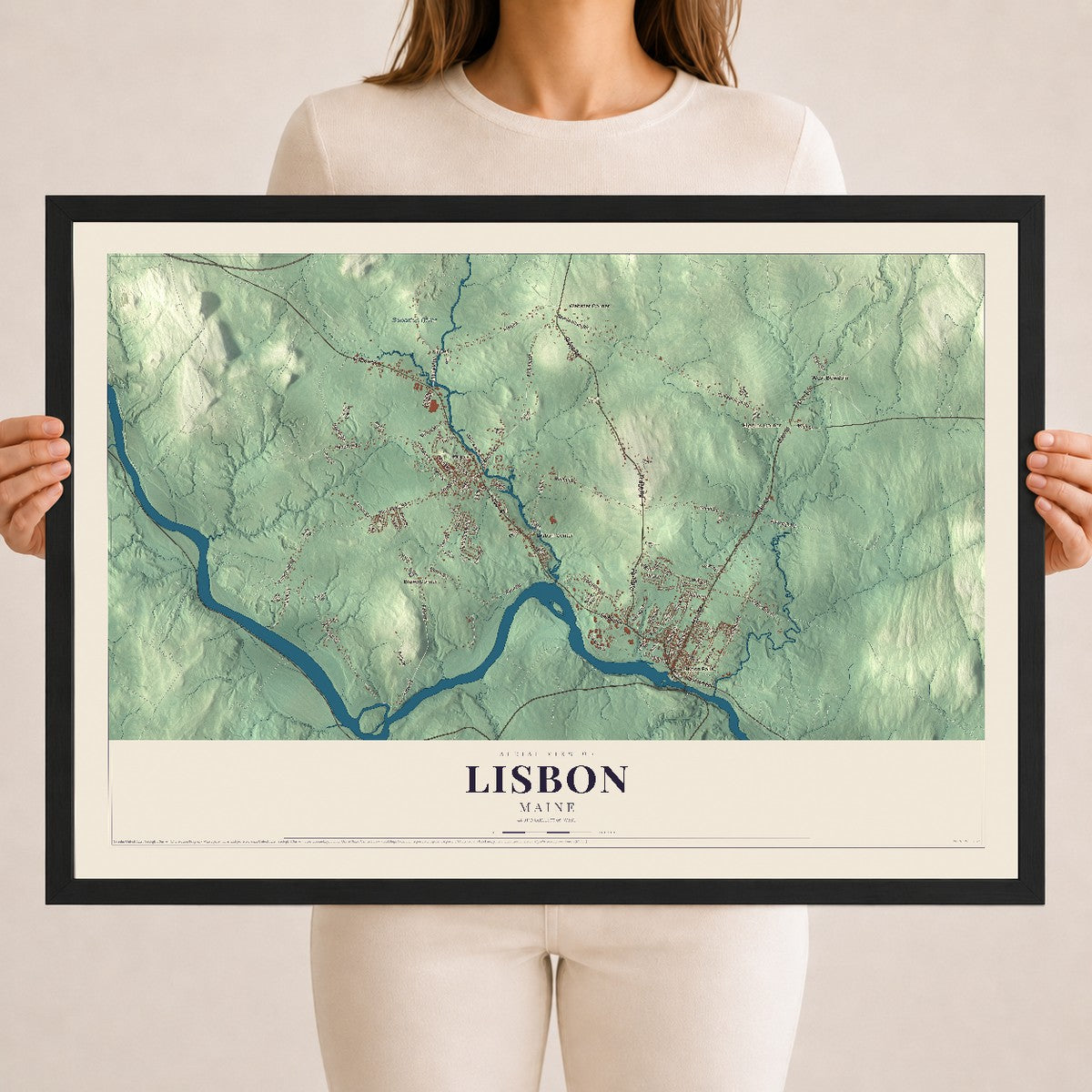 Lisbon, Maine map print - 18 x 24 black Ayous wood frame