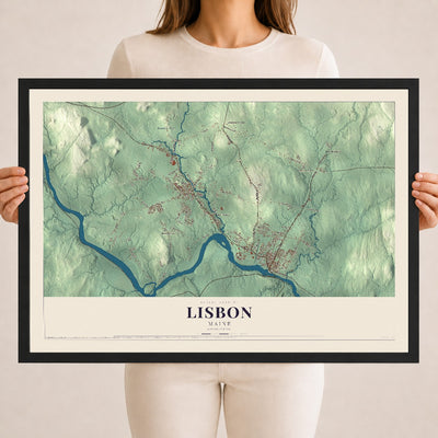 Lisbon, Maine map print - 18 x 24 black Ayous wood frame