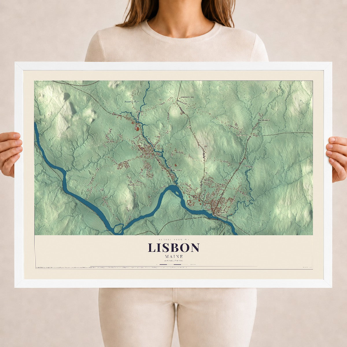 Lisbon, Maine map print - 18 x 24 white Ayous wood frame