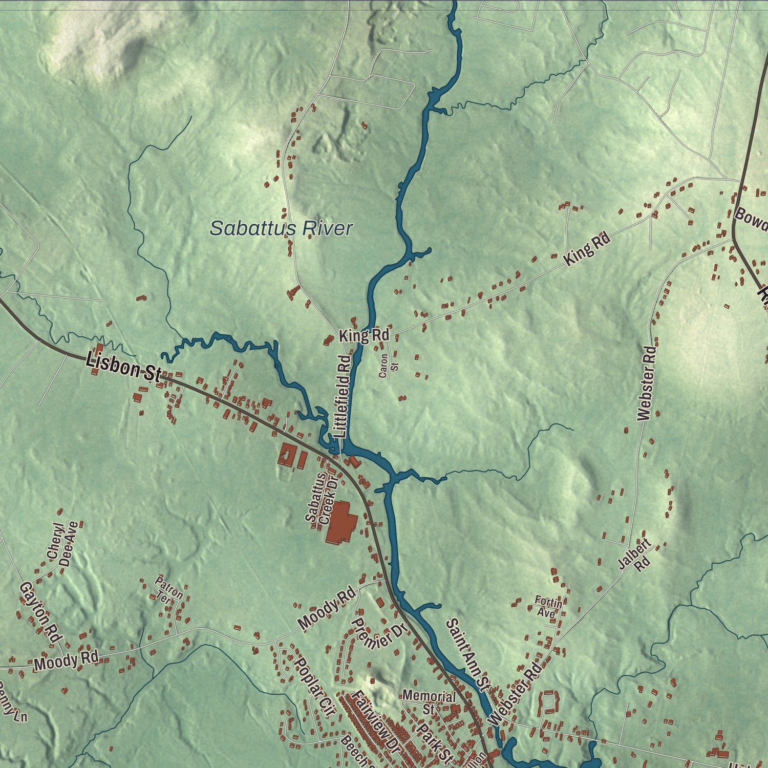 Terrain and local geography detail from the Lisbon, Maine map