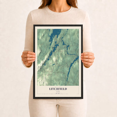 Litchfield, Maine map print - 12 x 18 black Ayous wood frame