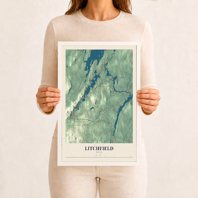 Litchfield, Maine map print - 12 x 18 white Ayous wood frame