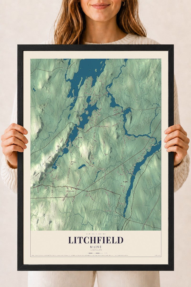 Litchfield, Maine map print - 18 x 24 black Ayous wood frame